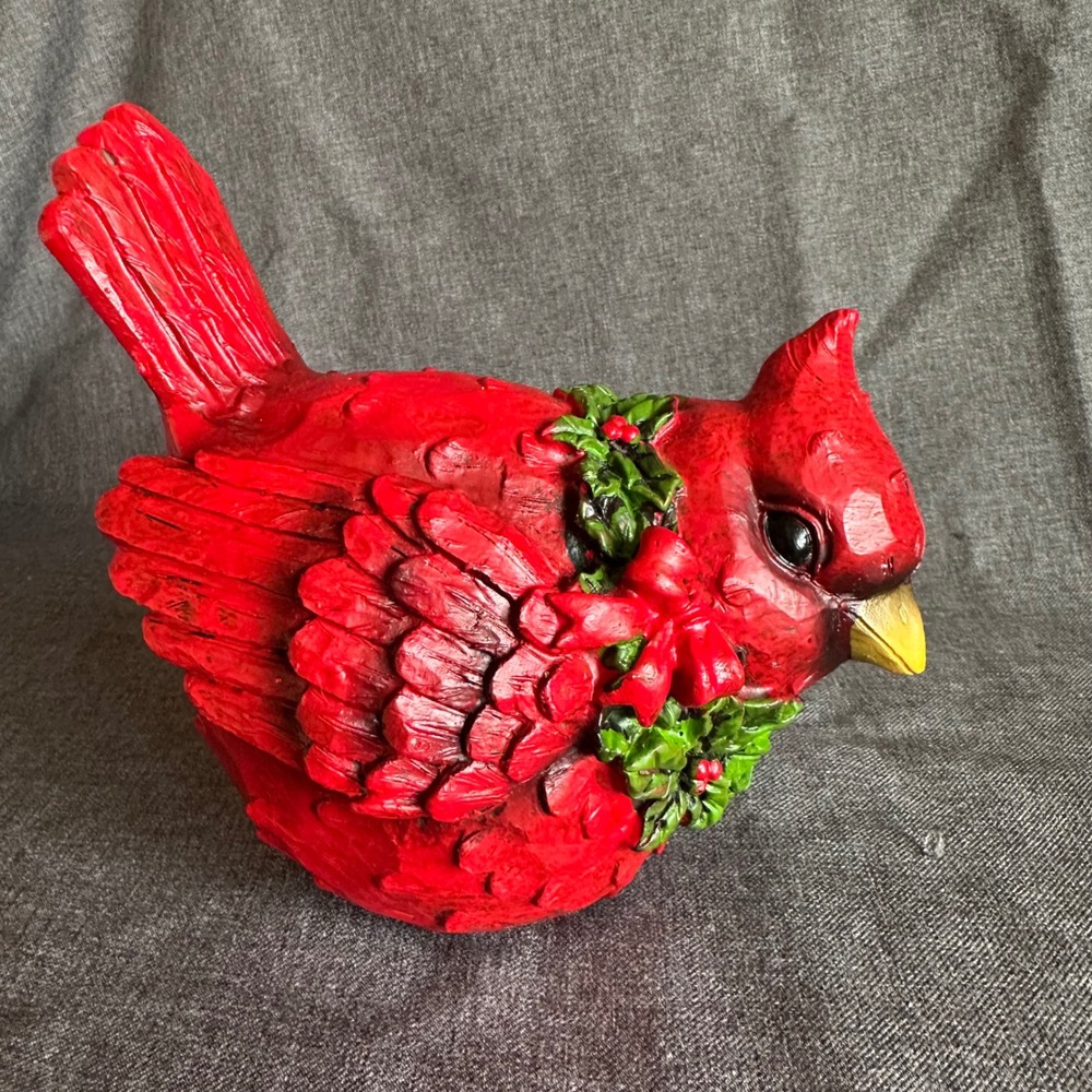 Cardinal Figurine  Red Christmas Holly Wreath Winter Decor